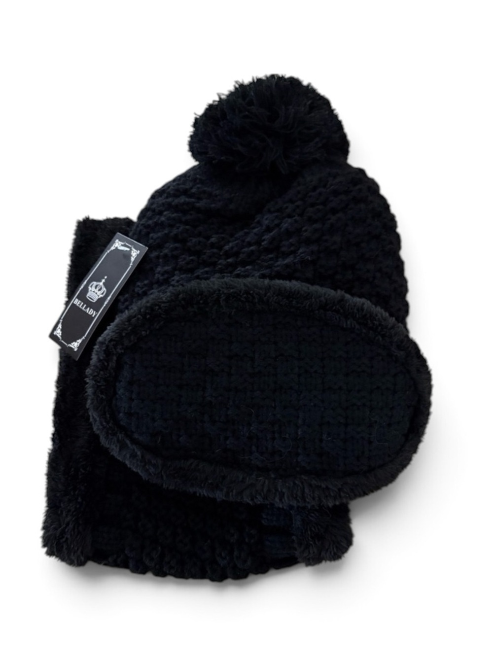 NWT Set/3 Black Knit Fleece Lined Winter Hat and Wraps